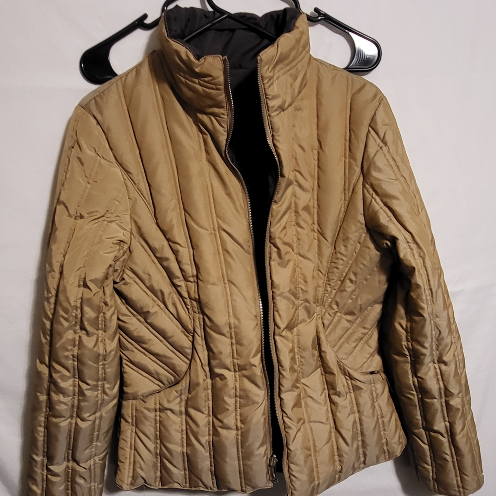 Anne Klein Sport Coat Jacket Down Filler Reversible Beige/Chocolate Size Small